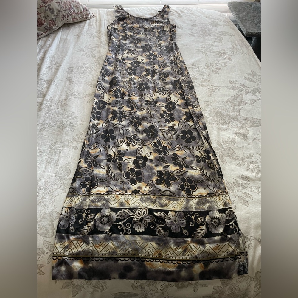 Vintage Black Floral Maxi Slip Dress 6 Vacation Whimsigoth Beach Resortwear Boho